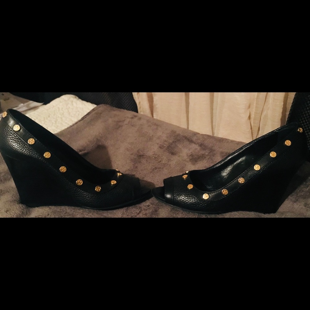 Black Tory Burch Wedge Shoes with Gold Coins 8M